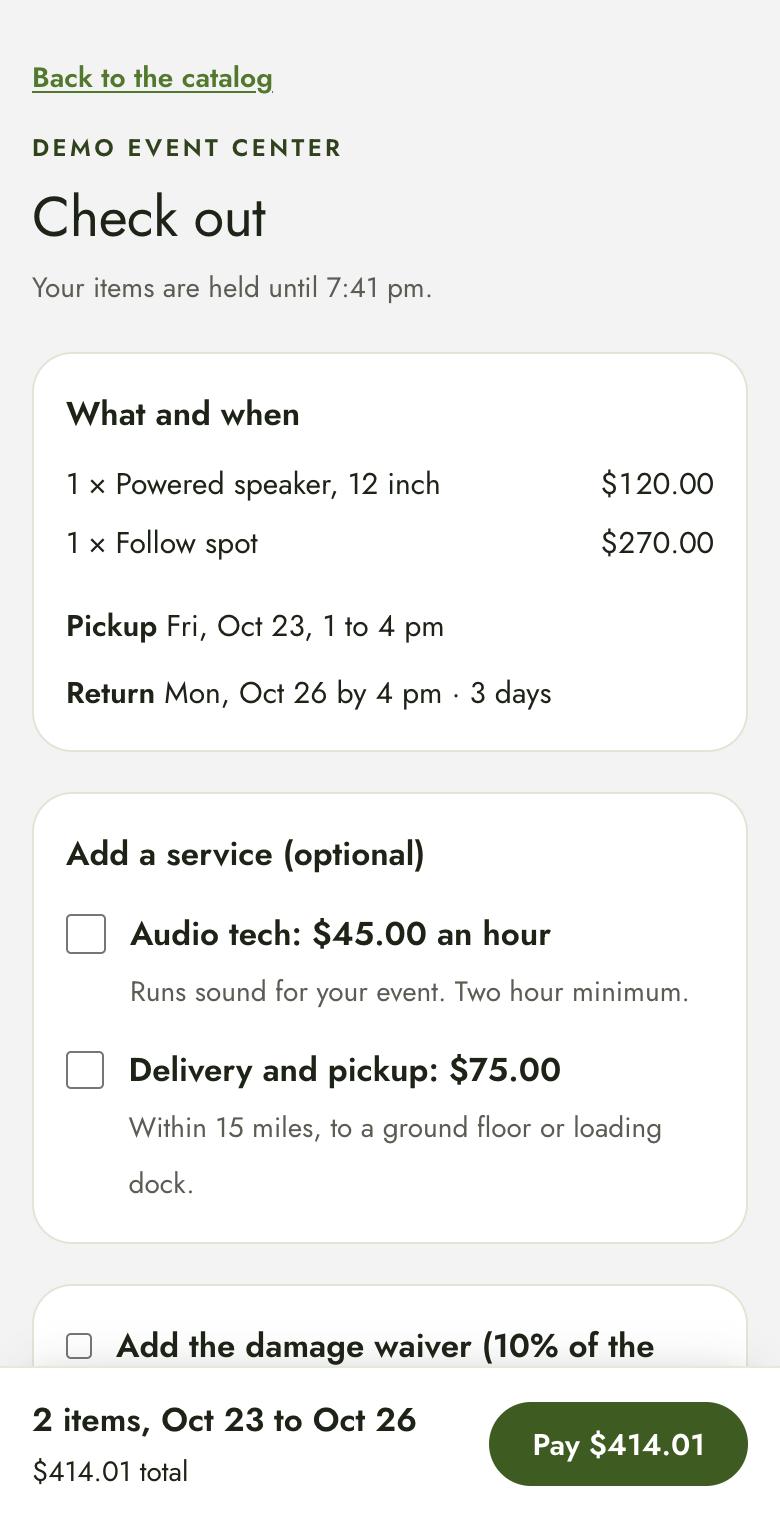 RentalGearGo checkout on a phone, with the pinned total