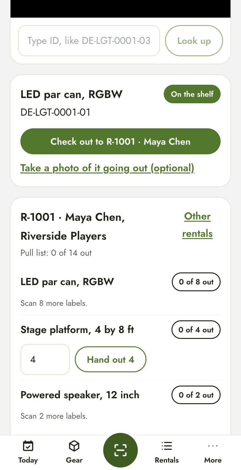The RentalGearGo scan screen with a pull list