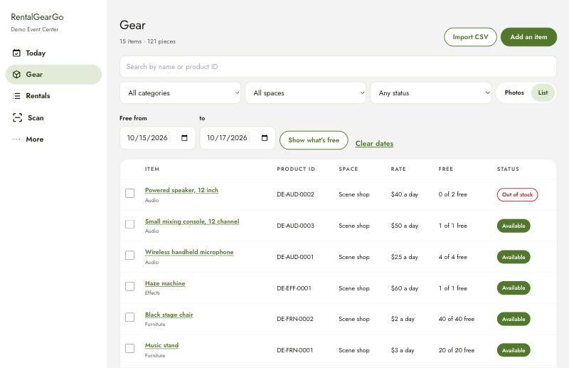 The venue's gear list in RentalGearGo, with what's free for the chosen dates